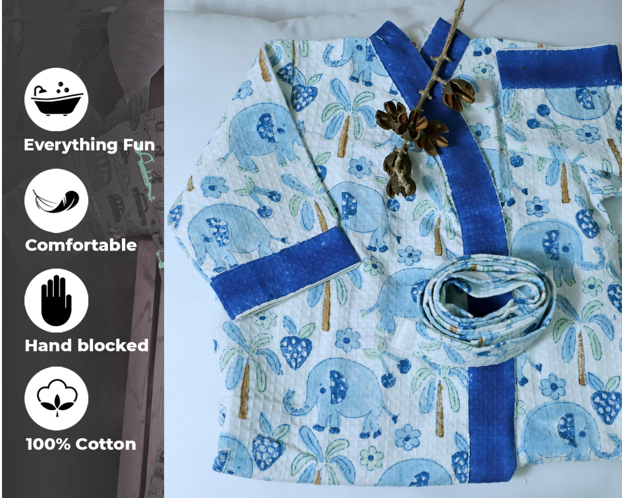 ARUSHII Cotton Unisex Bathrobe for Kids – Blue Elephant – Handblocked by artisans