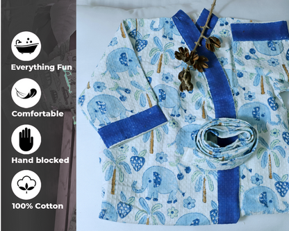 ARUSHII Cotton Unisex Bathrobe for Kids – Blue Elephant – Handblocked by artisans
