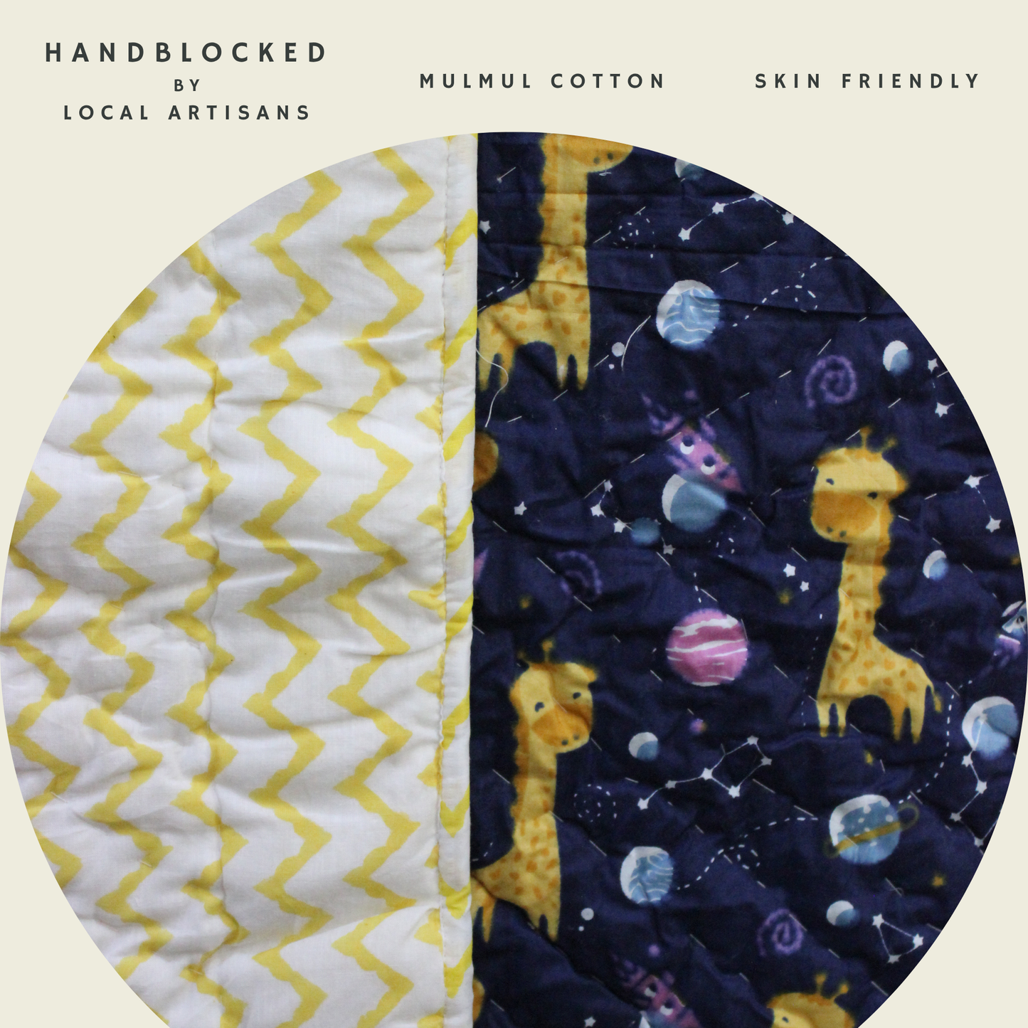 ARUSHII Cotton Reversible Kids Razai/ Quilt – NAVY GIRAFFE – Handblocked by artisans