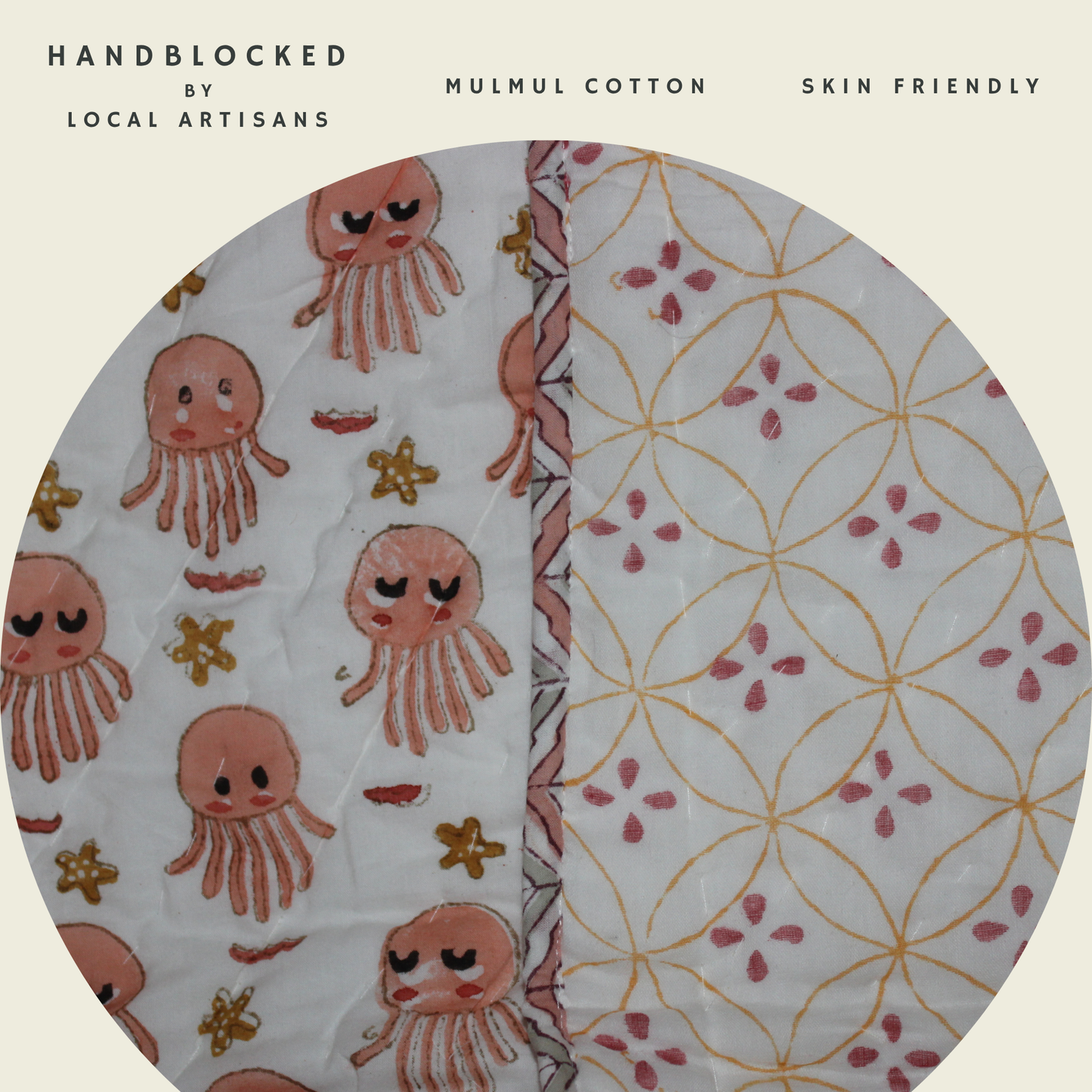 ARUSHII Cotton Reversible Kids Razai/ Quilt – OCTOPUS– Handblocked by artisans