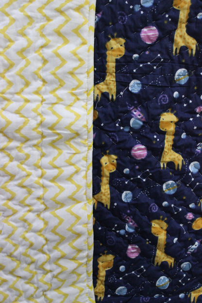 ARUSHII Cotton Reversible Kids Razai/ Quilt – NAVY GIRAFFE – Handblocked by artisans
