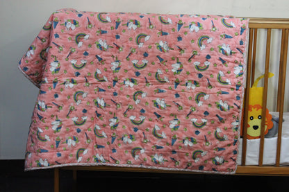 ARUSHII Cotton Reversible Kids Razai/ Quilt – UNICORN– Handblocked by artisans