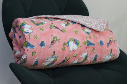 ARUSHII Cotton Reversible Kids Razai/ Quilt – UNICORN– Handblocked by artisans