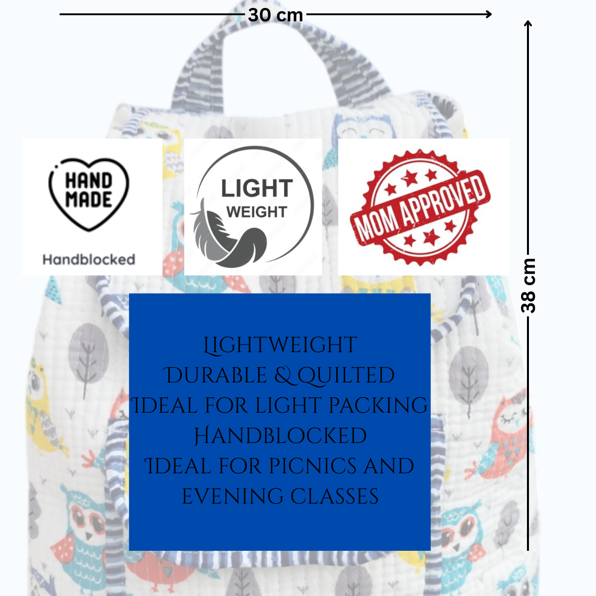 ARUSHII Cotton Quilted block printed by hands Kids Backpack Owl Unisex picnic and evening activity bag