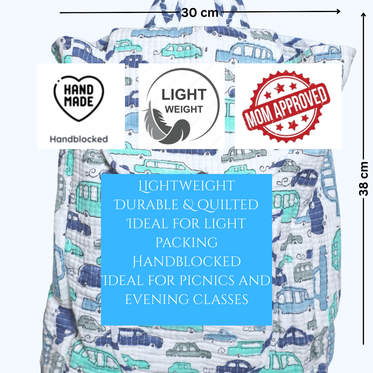 ARUSHII Cotton Quilted block printed by hands Kids Backpack Blue cars Unisex picnic and evening activity bag