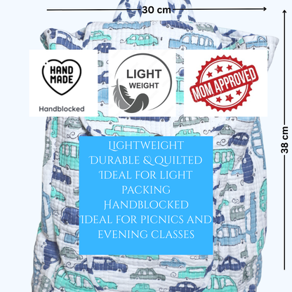 ARUSHII Cotton Quilted block printed by hands Kids Backpack Blue cars Unisex picnic and evening activity bag