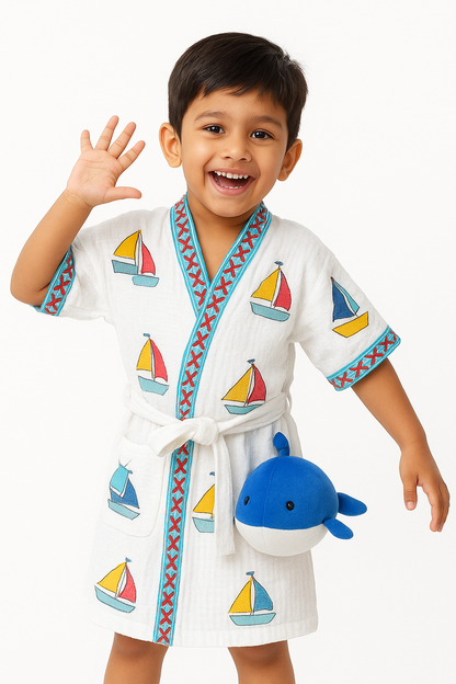 ARUSHII Cotton Unisex Bathrobe for Kids – Boat -Handblocked by artisans