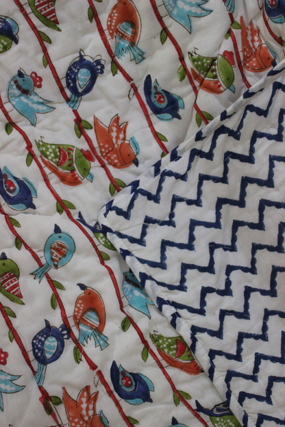 ARUSHII Cotton Reversible Kids Razai/ Quilt – SPARROW– Handblocked by artisans