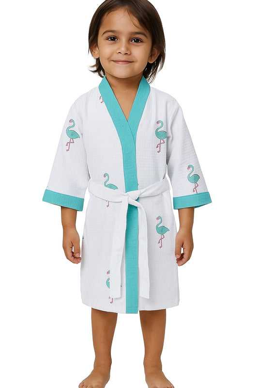 ARUSHII Cotton Unisex Bathrobe for Kids -flamingo- Handblocked by artisans