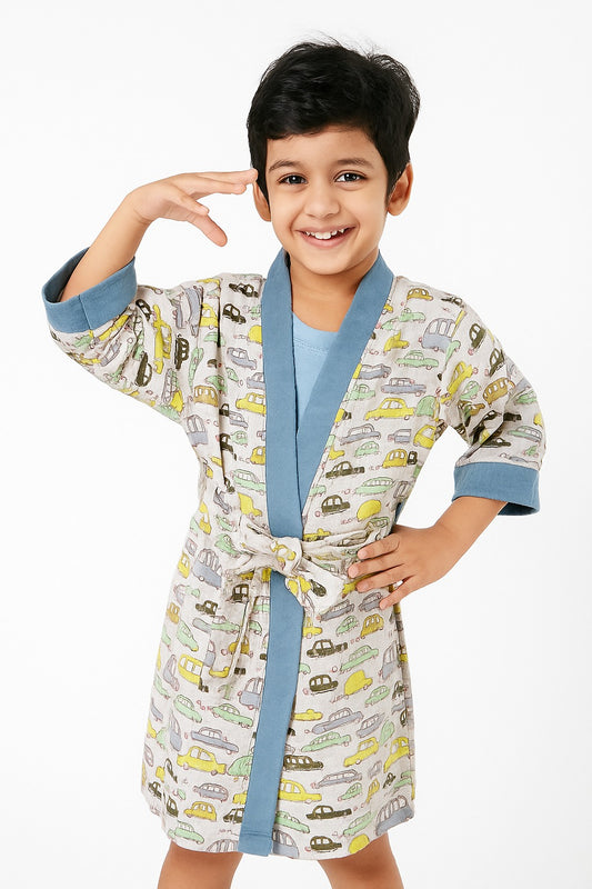 ARUSHII Cotton Unisex Bathrobe for Kids -Cars – Handblocked by artisans