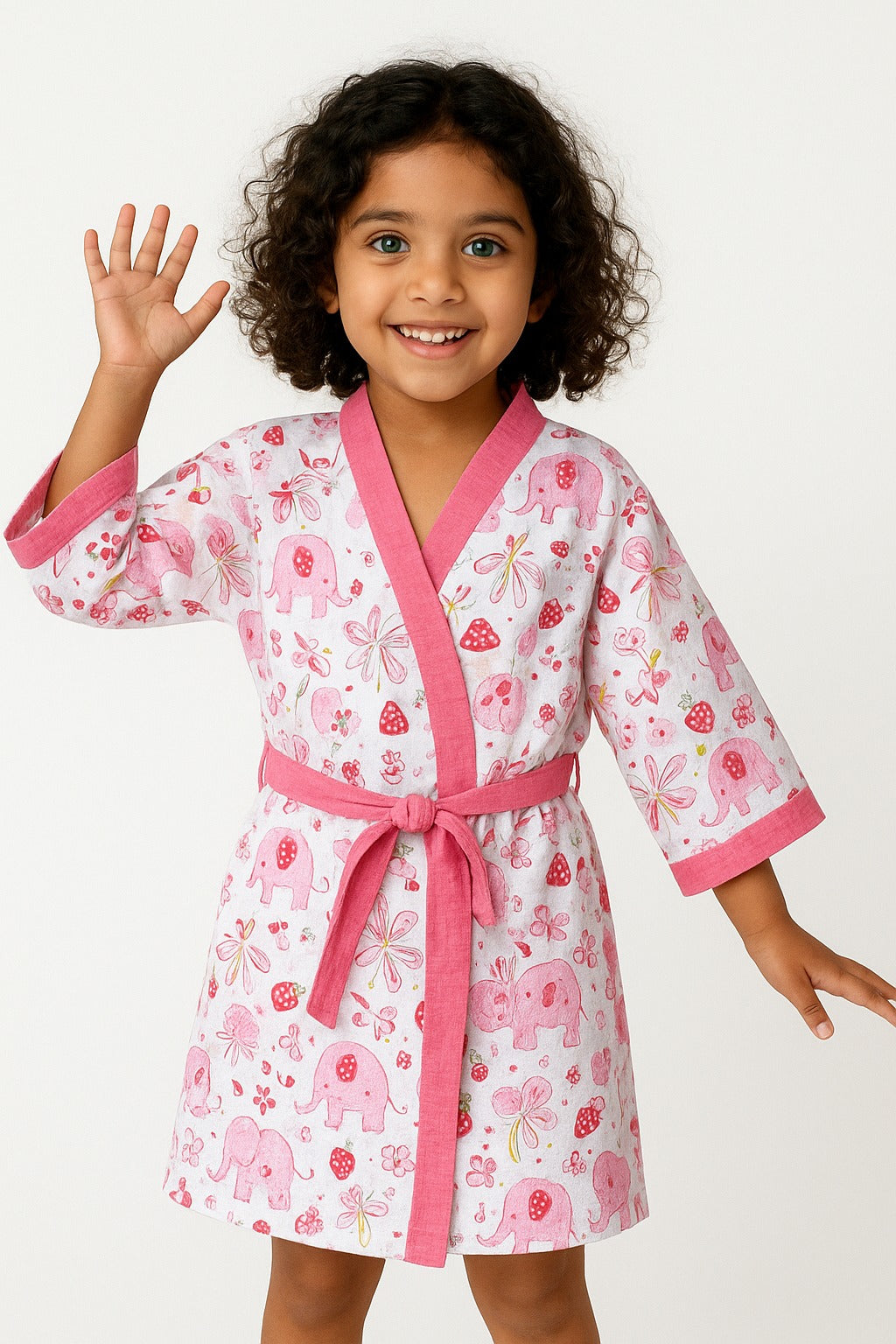 Cotton Unisex Bathrobe for Kids -Pink Elephant – Handblocked by artisans