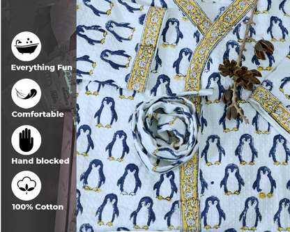 ARUSHII Cotton Unisex Bathrobe for Kids -Penguin – Handblocked by artisans