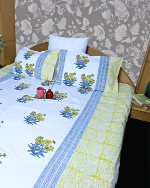 ARUSHII Double bedsheet in percale cotton – Sunshine- Handblocked by artisans