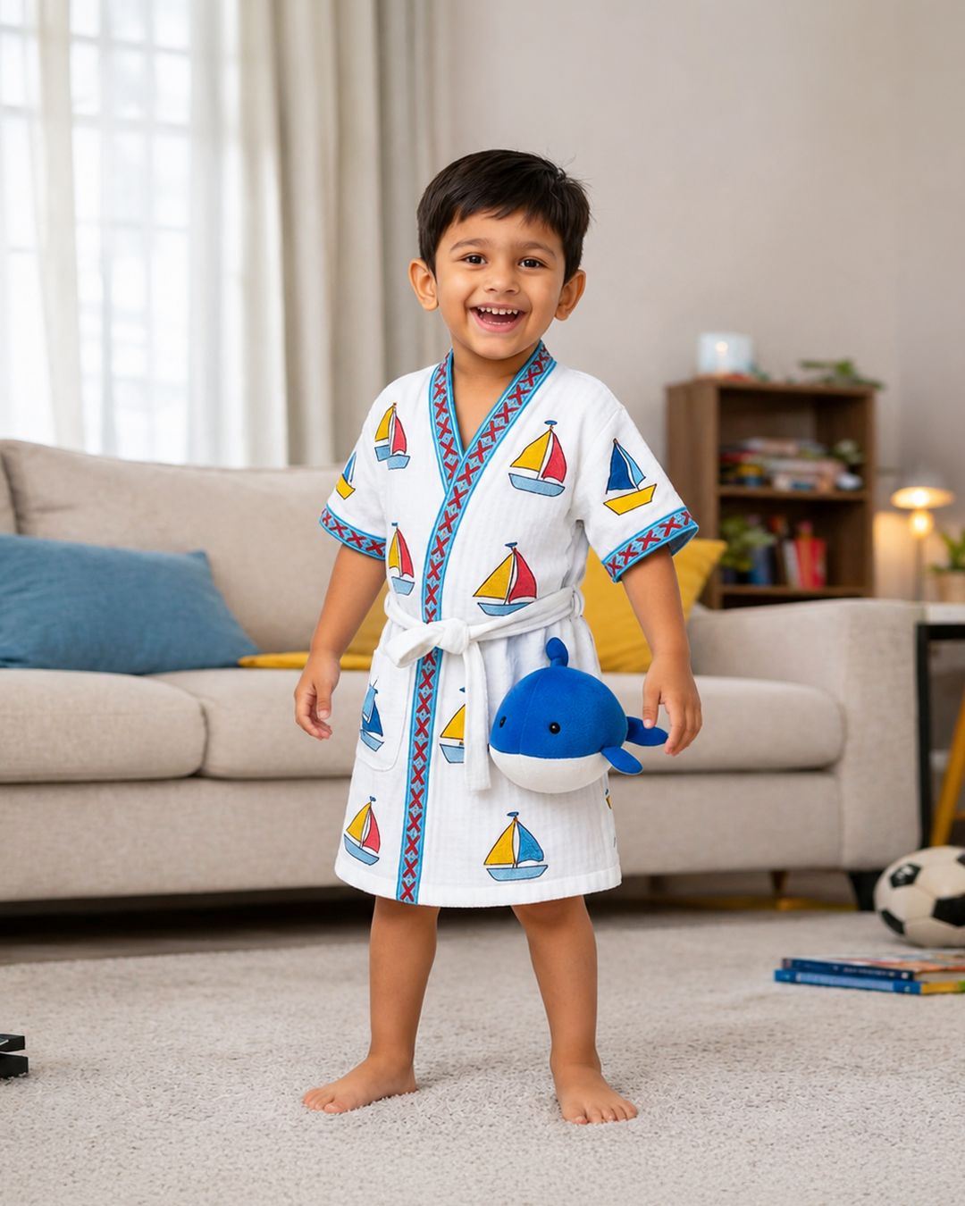 ARUSHII Cotton Unisex Bathrobe for Kids – Boat -Handblocked by artisans