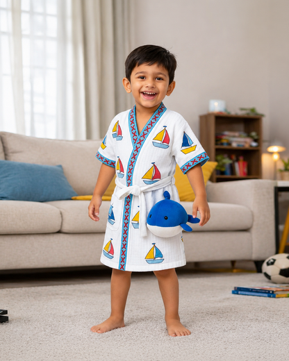 ARUSHII Cotton Unisex Bathrobe for Kids – Boat -Handblocked by artisans