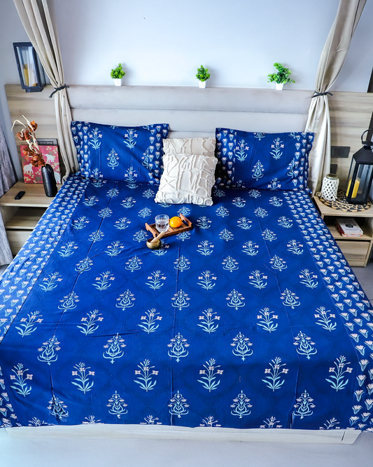 ARUSHII Double bedsheet in cotton –Navy Indigo Chandelier- bedsheet