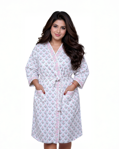 ARUSHII Handblocked Waffle cotton Bathrobes-leafy tales