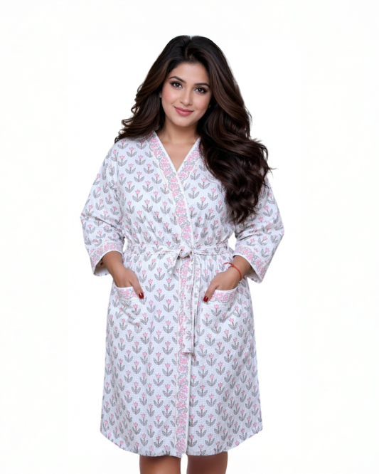 ARUSHII Handblocked Waffle cotton Bathrobes-leafy tales