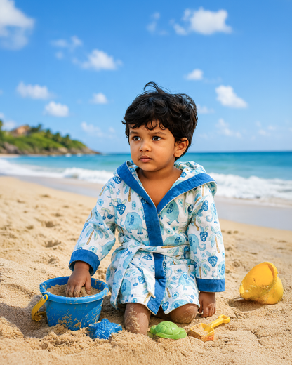 ARUSHII Cotton Unisex Bathrobe for Kids – Blue Elephant – Handblocked by artisans