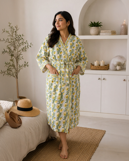 ARUSHII Handblocked Waffle cotton Bathrobes- Yellow Trail