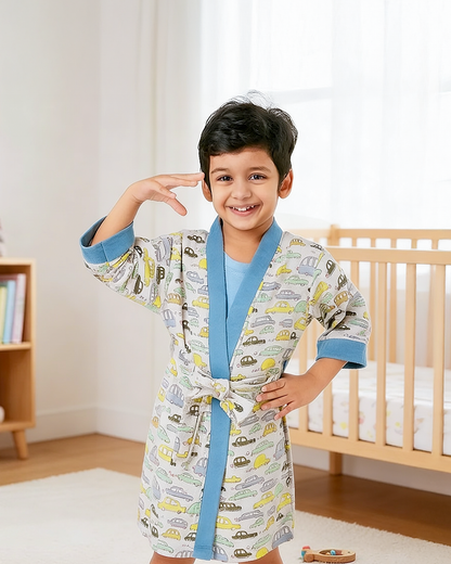 ARUSHII Cotton Unisex Bathrobe for Kids -Cars – Handblocked by artisans