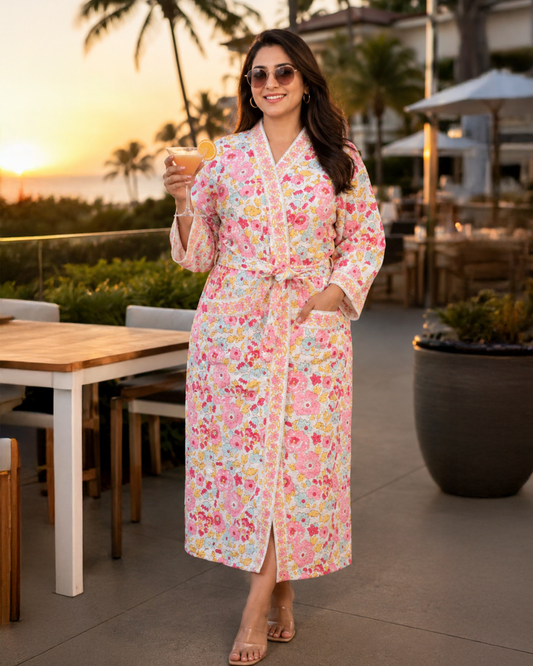 ARUSHII Handblocked Waffle cotton Bathrobes- Blooming flowers