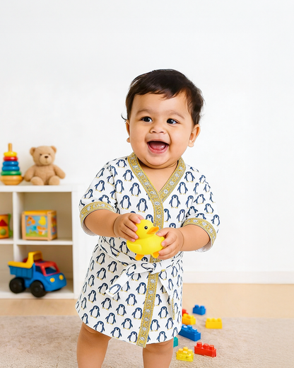 ARUSHII Cotton Unisex Bathrobe for Kids -Penguin – Handblocked by artisans