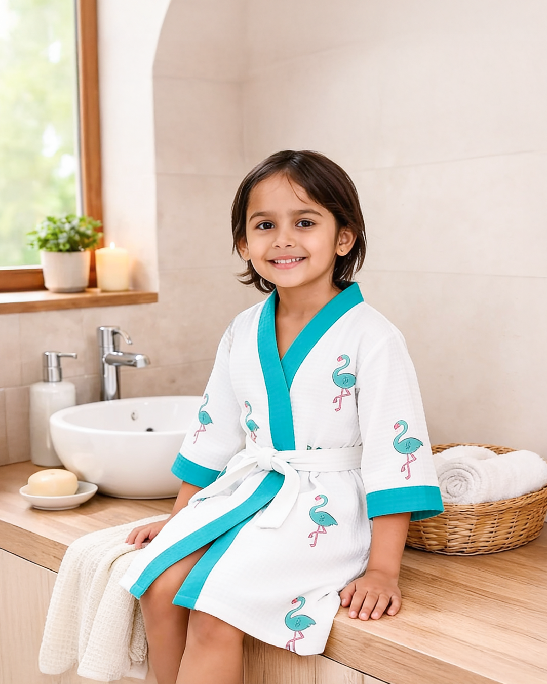 ARUSHII Cotton Unisex Bathrobe for Kids -flamingo- Handblocked by artisans