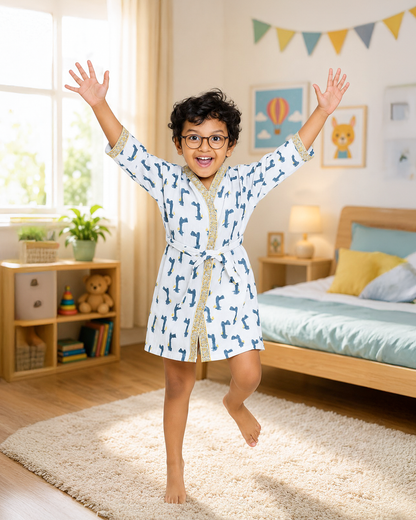 ARUSHII Cotton Unisex Bathrobe for Kids – Giraffe – Handblocked by artisans