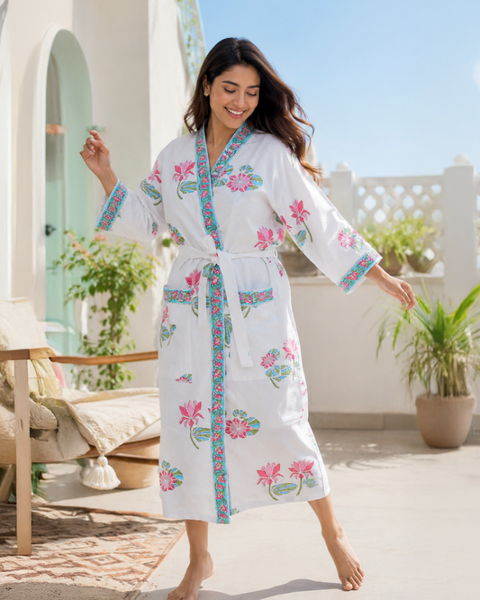 ARUSHII Handblocked Waffle cotton Bathrobes-Futuristic flowers