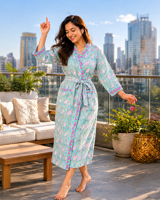 ARUSHII Handblocked Waffle cotton Bathrobes-Pineapple leaves