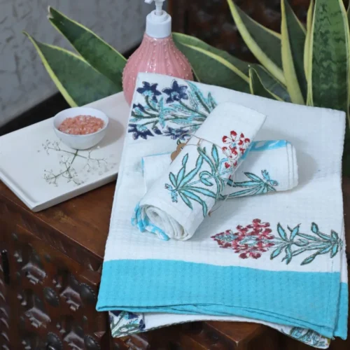 ARUSHII cotton Hand and bath towel set – Flush – Handblocked by artisans