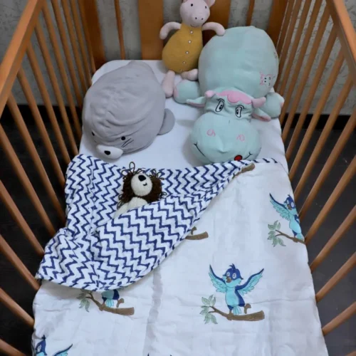 ARUSHII  Cotton Reversible Kids Razai/ Quilt – Birdie – Handblocked by artisans