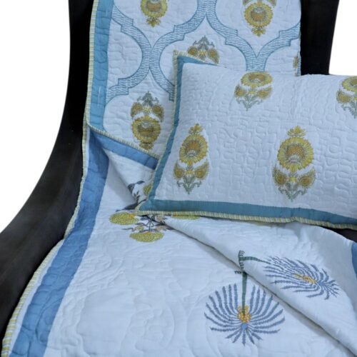 ARUSHII Premium quilted reversible bedcover in fine mulmul cotton – Sheesh mahal -Handblocked by artisans