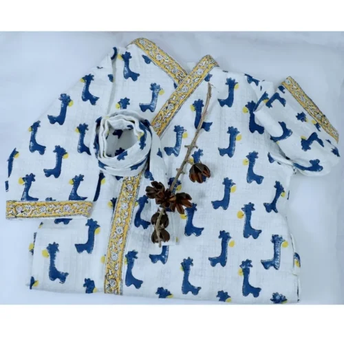 ARUSHII Cotton Unisex Bathrobe for Kids – Giraffe – Handblocked by artisans