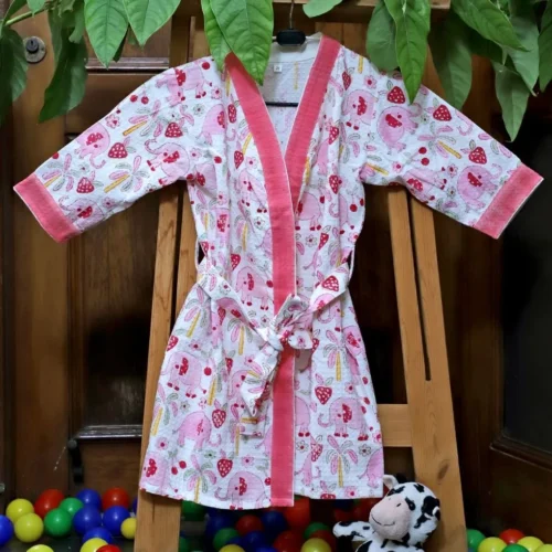 Cotton Unisex Bathrobe for Kids -Pink Elephant – Handblocked by artisans