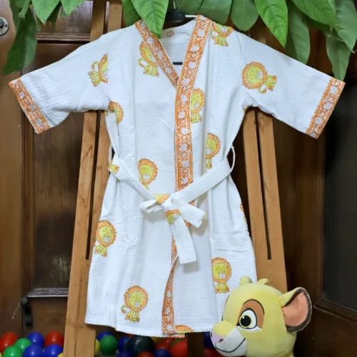 ARUSHII Cotton Unisex Bathrobe for Kids – Lion – Handblocked by artisans