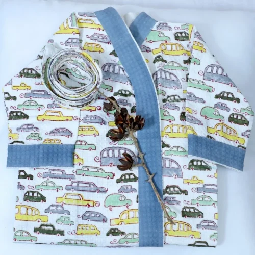 ARUSHII Cotton Unisex Bathrobe for Kids -Cars – Handblocked by artisans