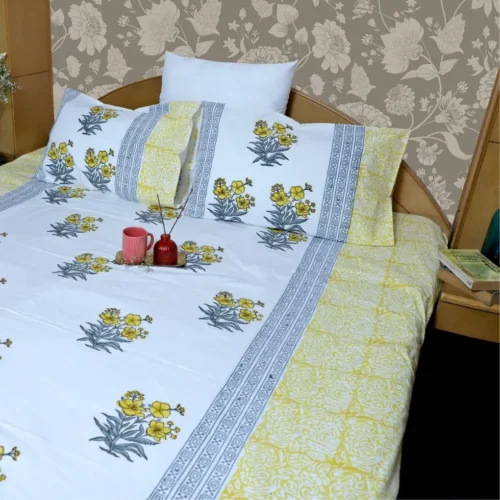 ARUSHII  Double bedsheet in percale cotton – Sunshine- Handblocked by artisans